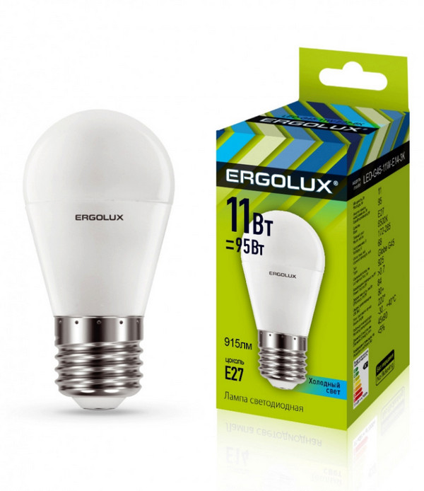Ergolux шар G45 E14 11W(915lm 220°) 4500K 4K матовая 92x45 LED-G45-11W-E14-4K
