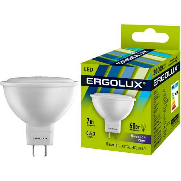 Ergolux MR16 GU5.3 220V 7W(510lm 100°) 6500K 6K матовая 50x47 пластик/алюм. LED-JCDR-7W-GU5.3-6K